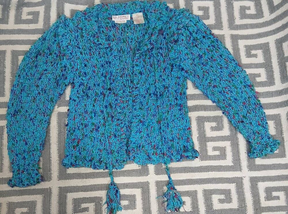 Gil aimbez womens small boxy fringe sweater jacket speckled blue knoby tassels